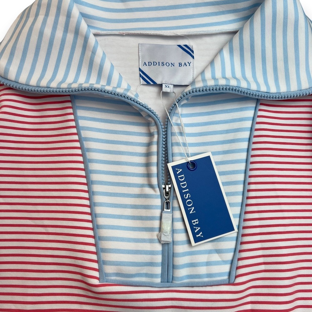 NWT Addison Bay Alley Quarter Zip Pullover XL Guava Baby Blue Striped Sweatshirt
